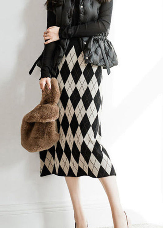 Italian Black Plaid Elastic Waist Knit a Line Skirt Fall