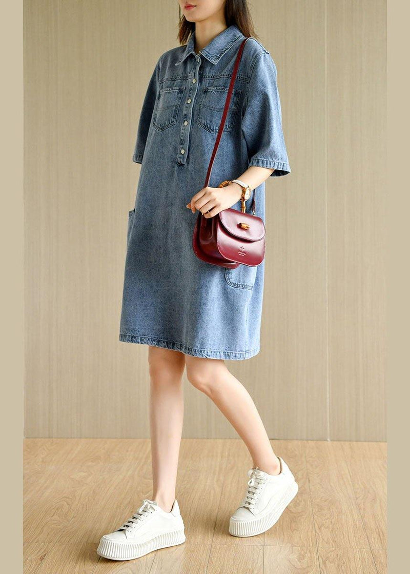 Denim Blue Peter Pan Collar Pockets Summer Cotton Mid Dress Half Sleeve