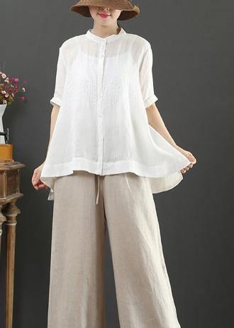 Art White Embroidery Linen Top for Stand Collar Midi Summer Top