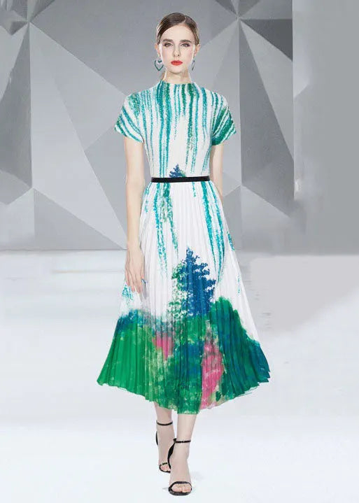 Italian Green Print Wrinkled Cotton Tops and Pleated Skirt Two Pieces Set Summer
