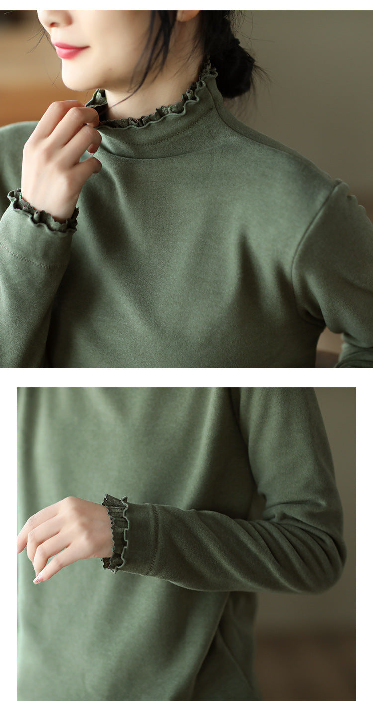 Long-sleeved Plus Fleece T-shirt With Retro Wooden Ears