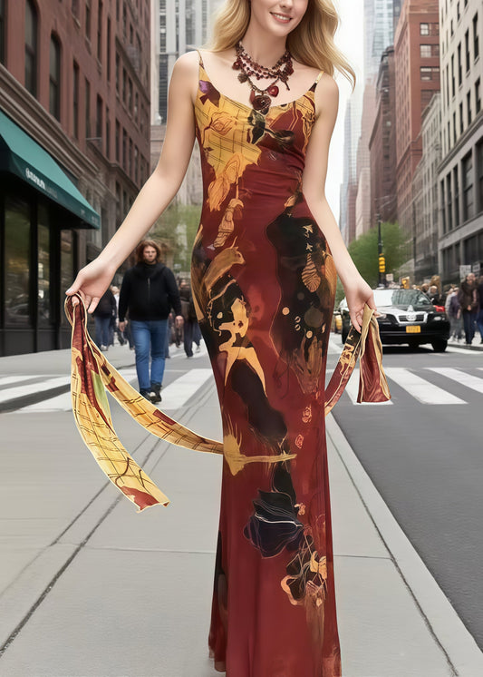 Red Print With Ribbon Silk Sundress Summer