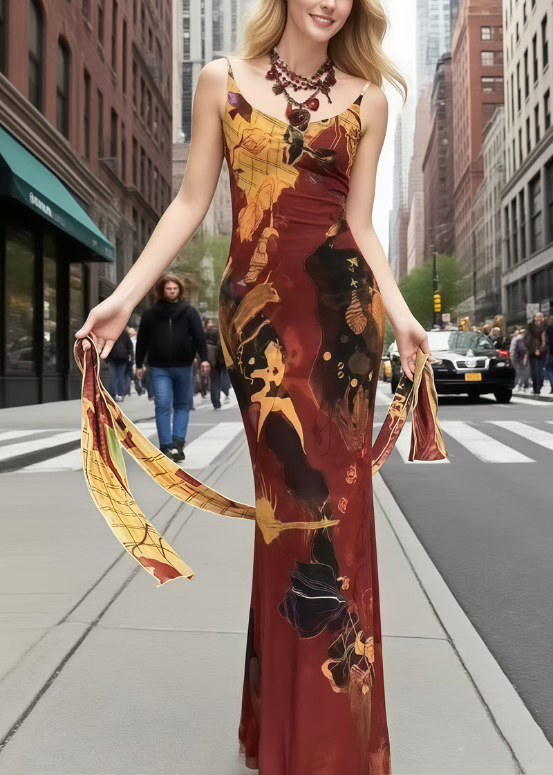 Red Print With Ribbon Silk Sundress Summer