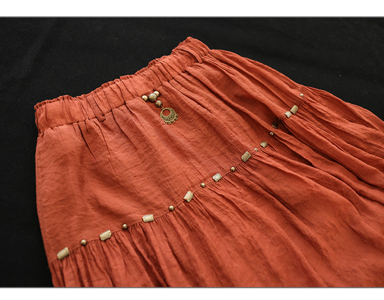 Literary High Waist Double Layer Tencel Linen Stitching Slim Skirt