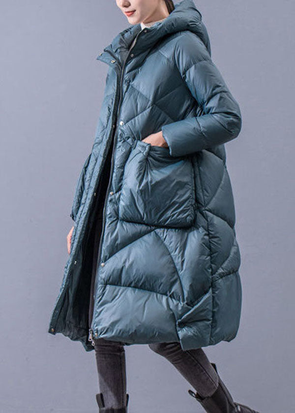 Blue Hooded Zippered Oversized Thick Cotton Blend Puffers Jackets Winter