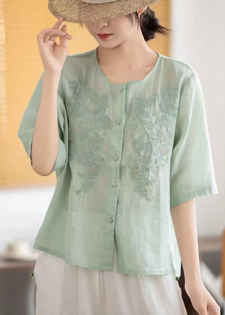 Grey Embroidered Linen Tops Half Sleeve