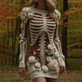 Women's Rose Skeleton Art Round Neck Knit Mini Sweater Dress artswardrobe