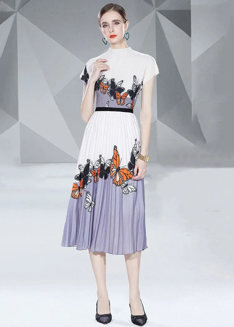 Blue Butterfly Print Patchwork Tops and Skirts Cotton Two Pieces Set Summer