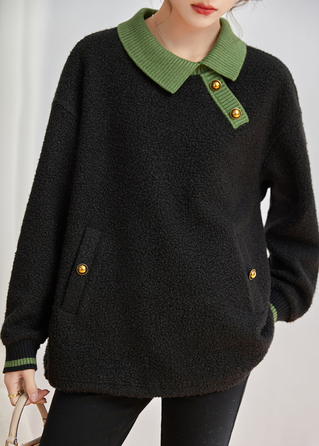 Black Peter Pan Collar Patchwork Teddy Faux Fur Sweatshirts Top Winter