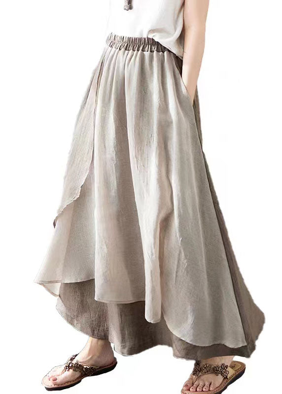 Khaki Pockets Asymmetrical Design Patchwork Linen Skirt Summer