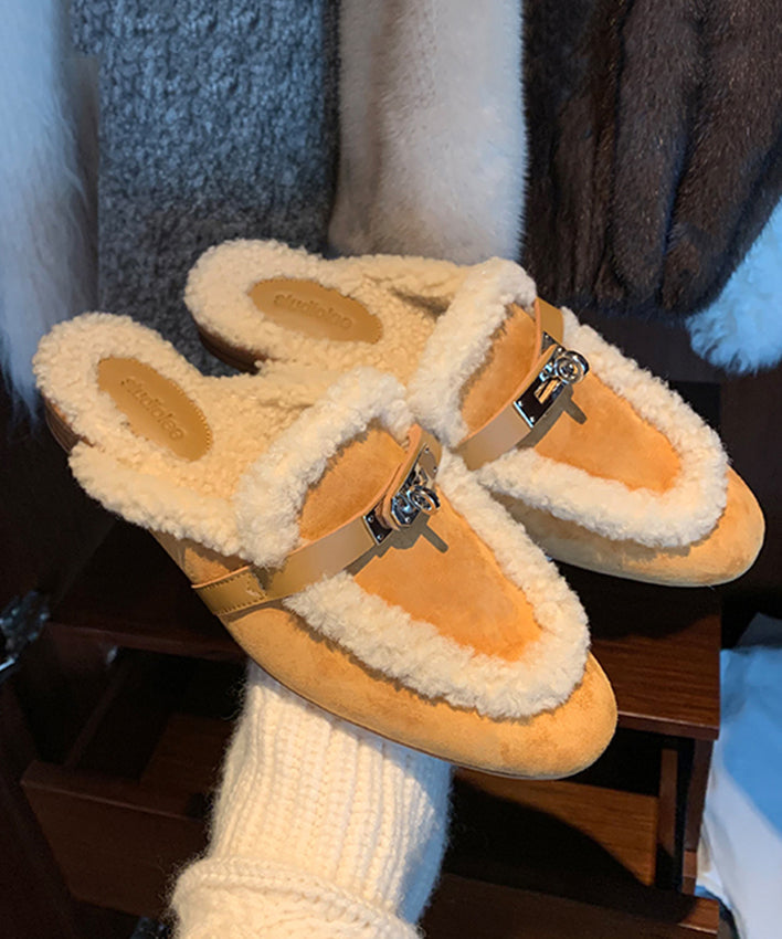 Yellow Slippers Shoes Splicing Fuzzy Wool Lined