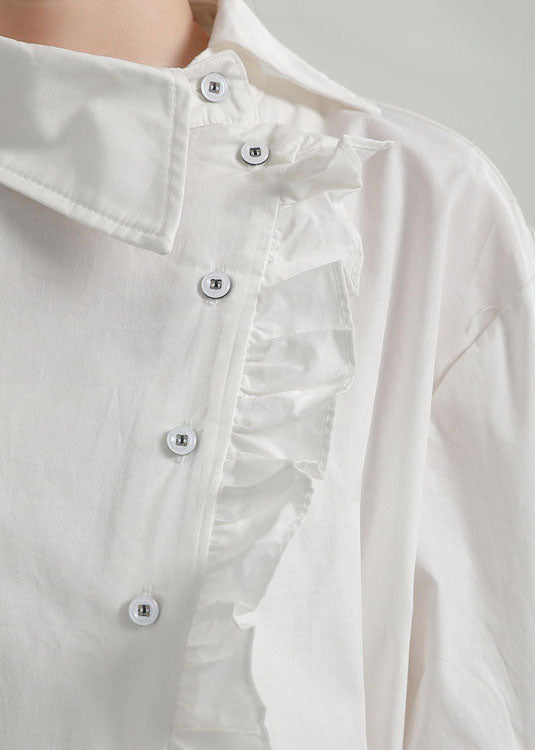 White Asymmetrical Design Ruffled Cotton Blouse Top Fall