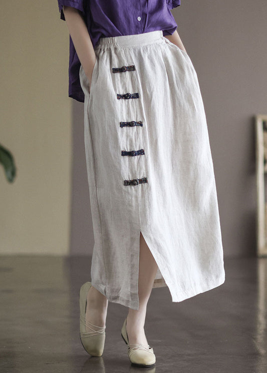 White Pockets Linen a Line Skirts High Waist Oriental Button Summer