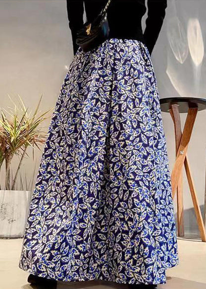 Navy Print Elastic Waist Patchwork Cotton Maxi Skirts Fall