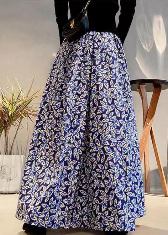 Navy Print Elastic Waist Patchwork Cotton Maxi Skirts Fall
