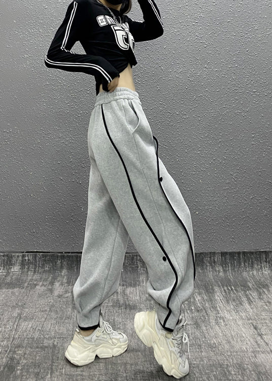 Grey Asymmetrical Pockets Elastic Waist Cotton Sport Pants Fall