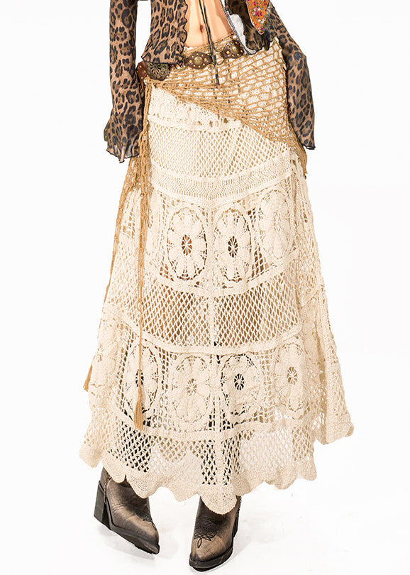 Italian Beige Hollow Out Knit a Line Skirt Summer