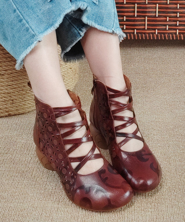 Brown Zippered Hollow Out Cowhide Leather Chunky Boots
