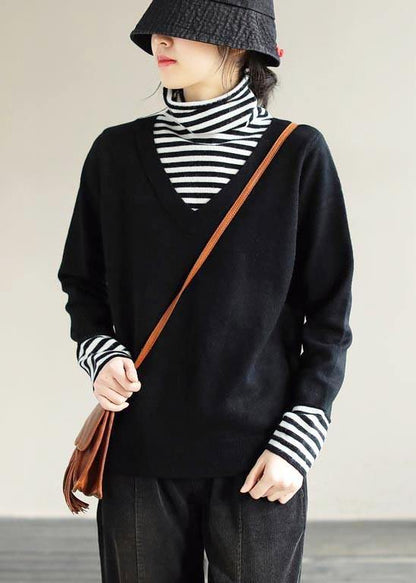 Winter Black Sweaters Loose Fitting Patchwork High Neck Knit Tops
