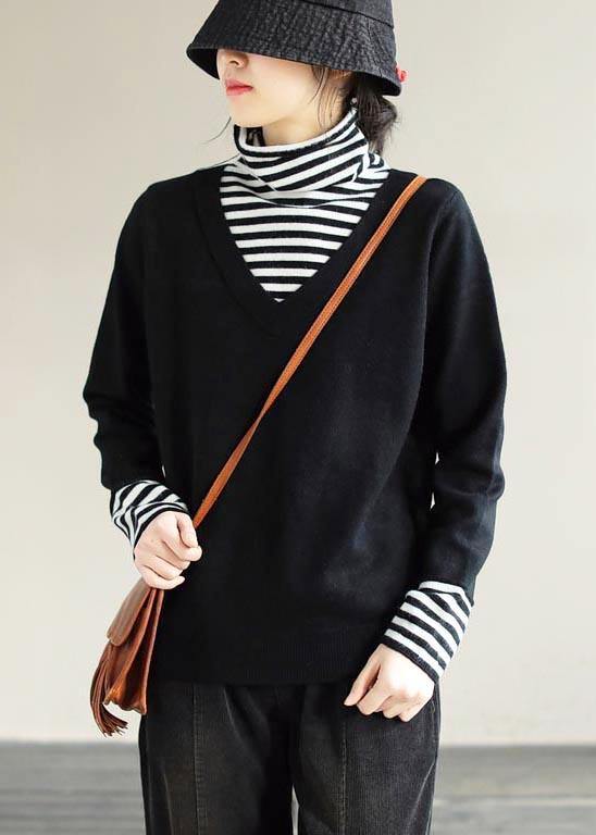 Winter Black Sweaters Loose Fitting Patchwork High Neck Knit Tops