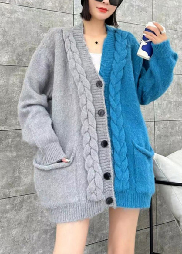 Beige V Neck Pockets Button Patchwork Knit Cardigan Spring