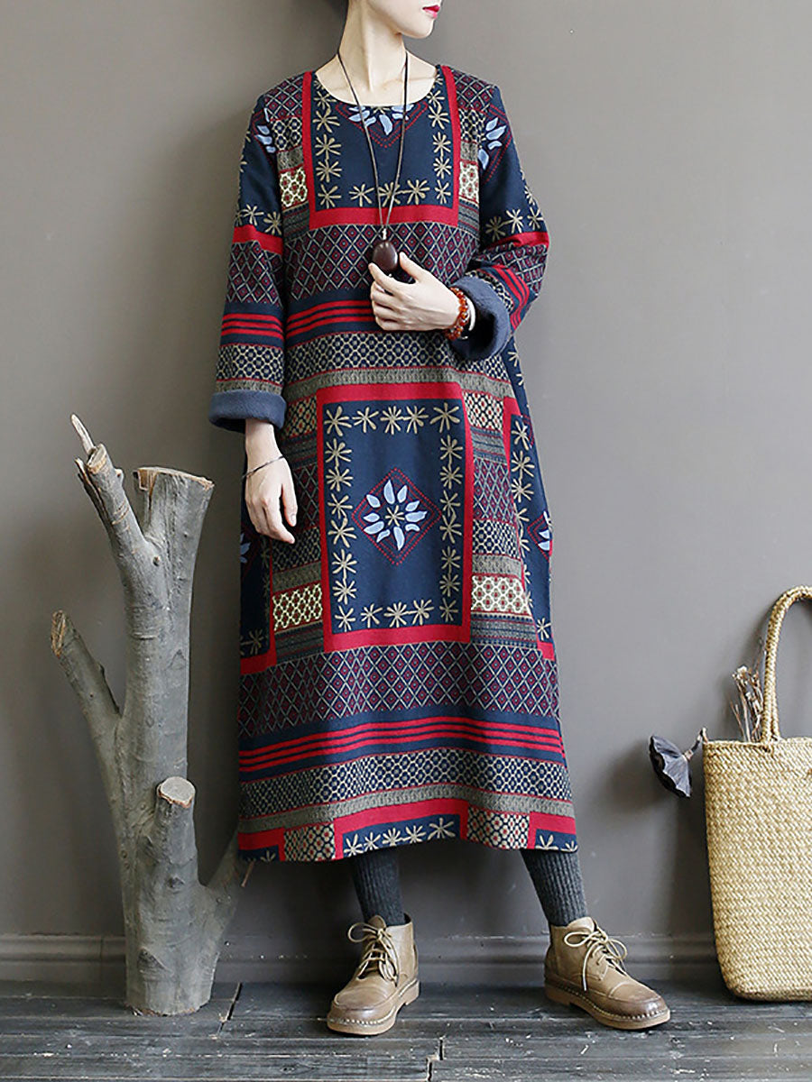 Winter Pocket Print Loose Dress