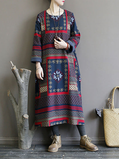 Winter Pocket Print Loose Dress