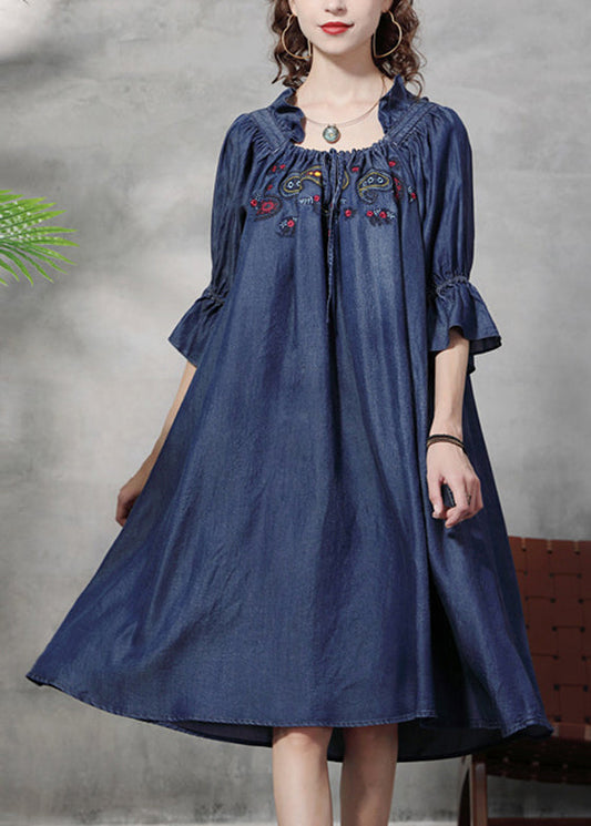 Simple Denim Blue Wrinkled Ruffled Embroideried Cotton Silk Dress Lantern Sleeve