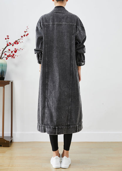 Black Oversized Pockets Denim Trench Coats Fall