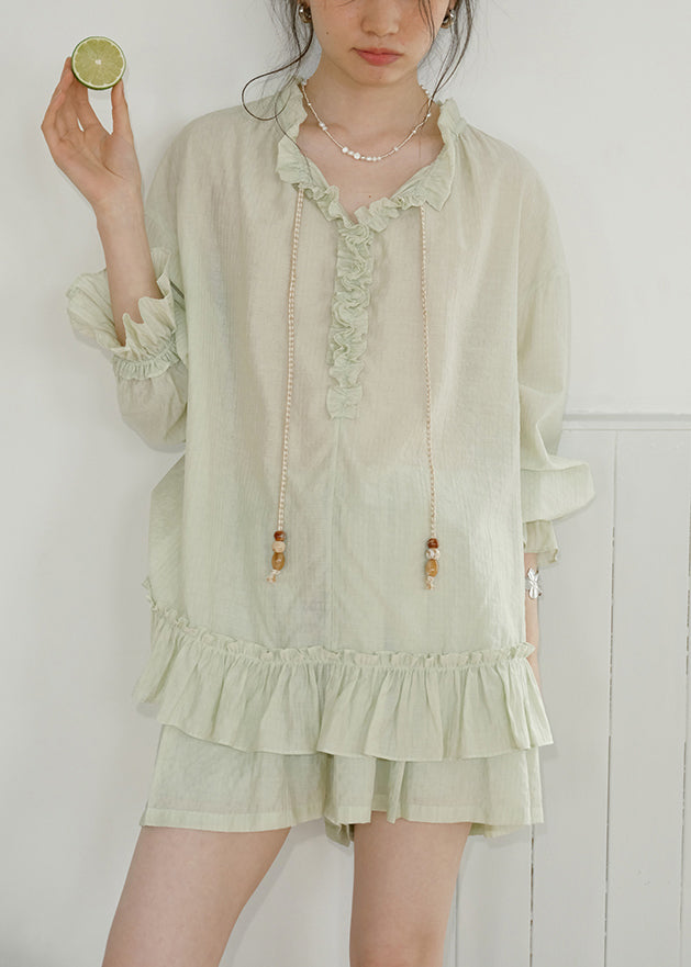 Green Lace Up Pockets Shirts and Shorts Cotton Two-piece Set Ruffled Fall