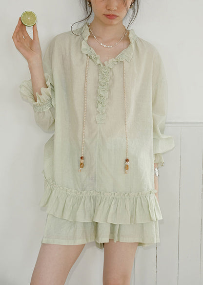 Green Lace Up Pockets Shirts and Shorts Cotton Two-piece Set Ruffled Fall