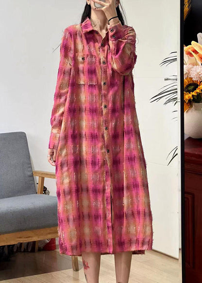Pink Plaid Peter Pan Collar Button Cotton Long Blouse Spring