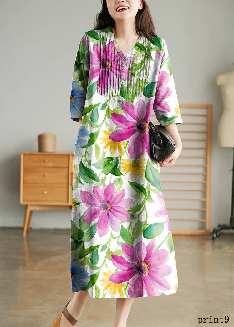 Orange Loose Linen Long Dresses Button Half Sleeve