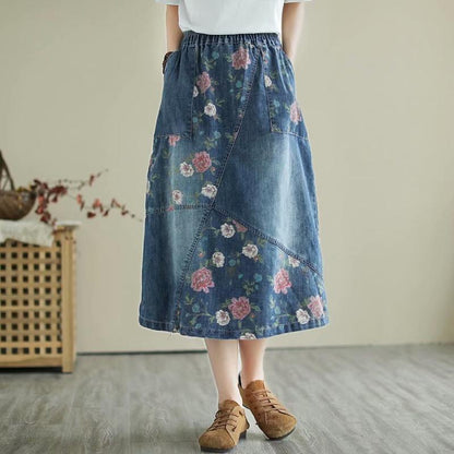Retro Loose Patchwork Denim Skirt