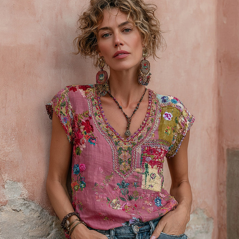 Women's Bohemian Floral Embroidery Art V-neck Short Sleeve T-shirt elevenforest