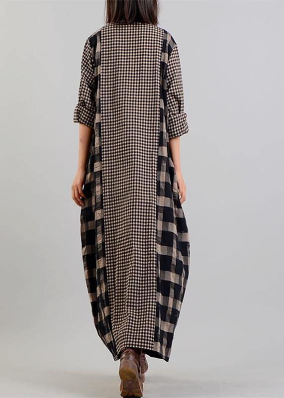 Black Plaid Autumn Loose Fitting V Neck Patchwork Traveling Clothing Chinese Button Dresses