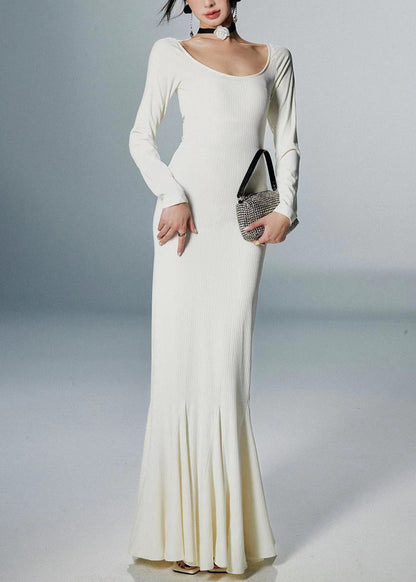 White Cotton Fall Fishtail Dresses O Neck
