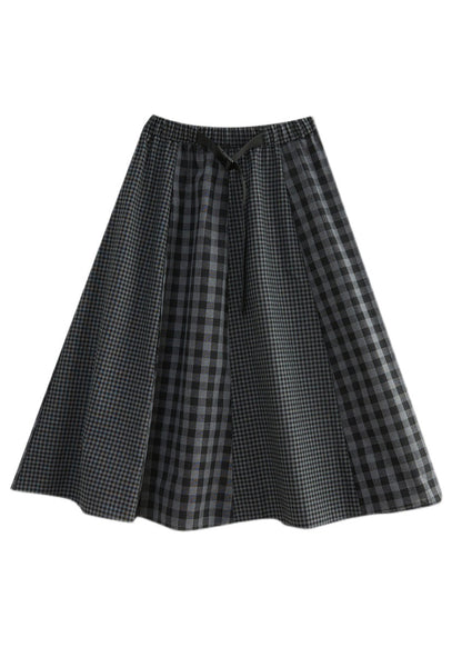 Simple Black Plaid Elastic Waist Patchwork a Line Skirt Spring