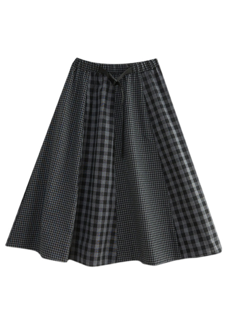 Simple Black Plaid Elastic Waist Patchwork a Line Skirt Spring
