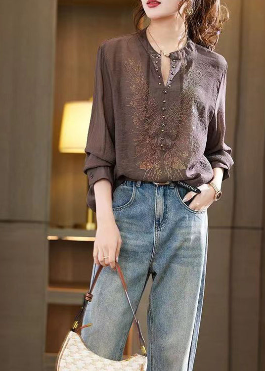 Coffee Patchwork Loose Chiffon Shirts Top V Neck Fall