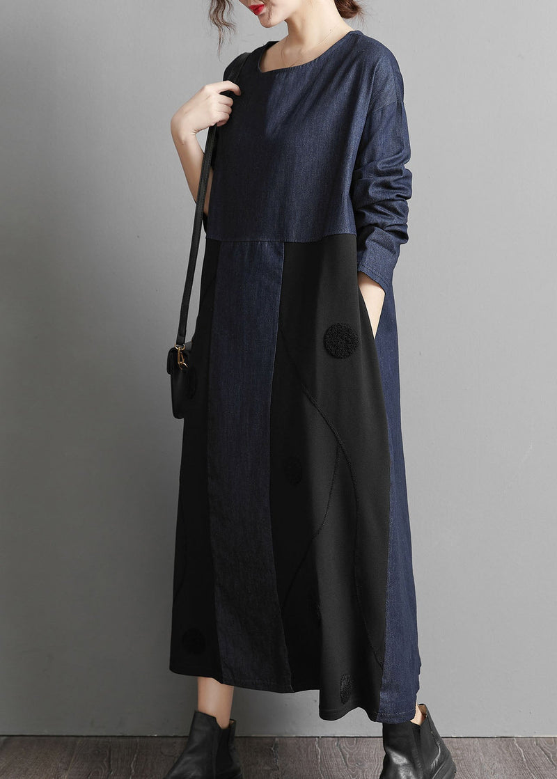 Black Pockets Patchwork Denim Maxi Dresses Embroideried