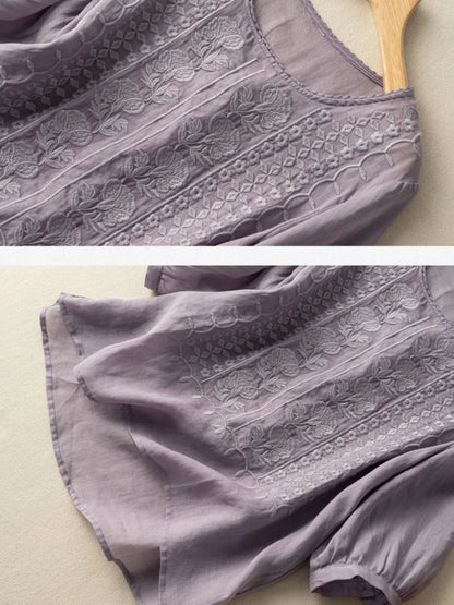 Embroidered Round Neck Half Sleeve Linen Tee Top