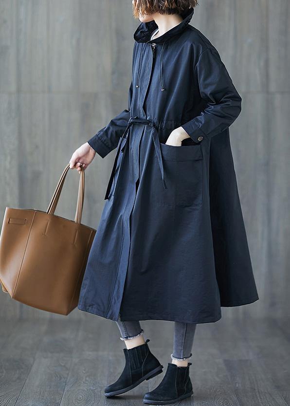 Fall Navy Ruffled Drawstring Zippered Coats