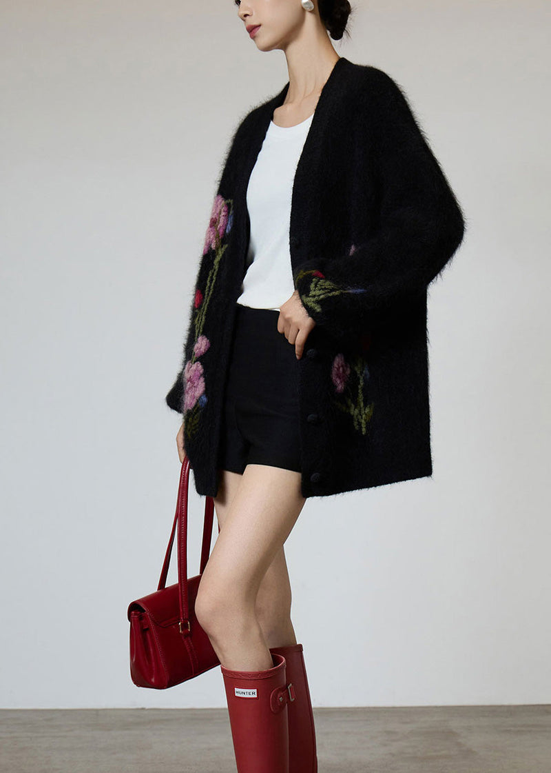 Black V Neck Embroidered Knit Coat Fall