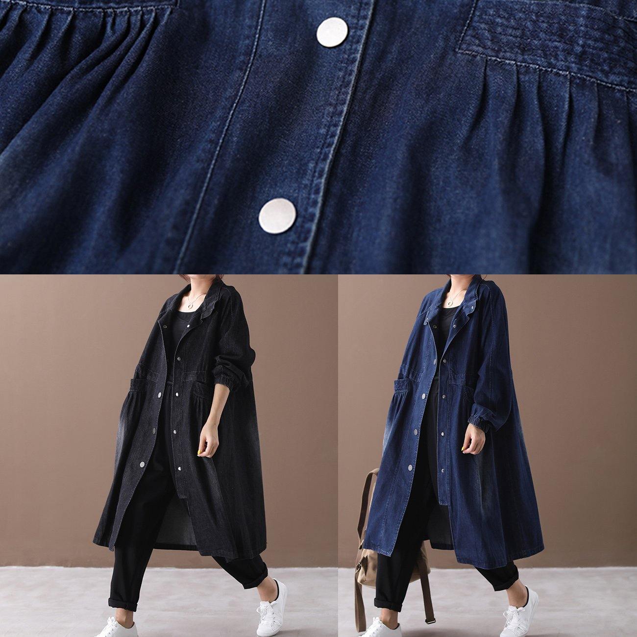 Stand Collar Cinched Coat Denim Black Loose Outwears