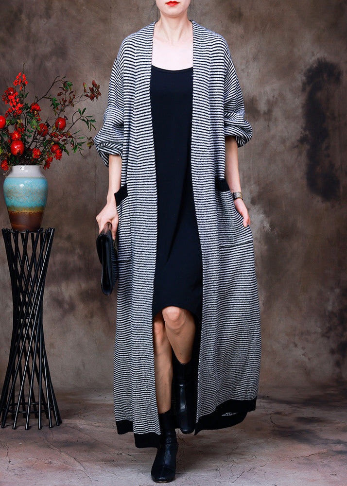 White V Neck Pockets Striped Knit Trench Coats Long Sleeve