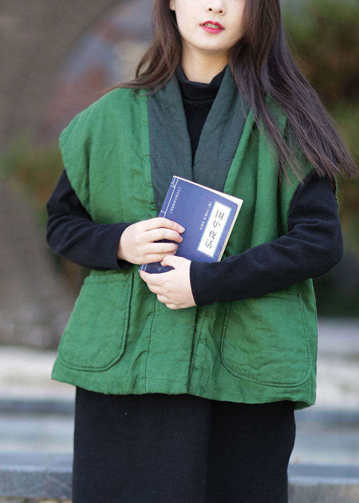 Green V Neck Patchwork Thick Fine Cotton Filled Vests Winter