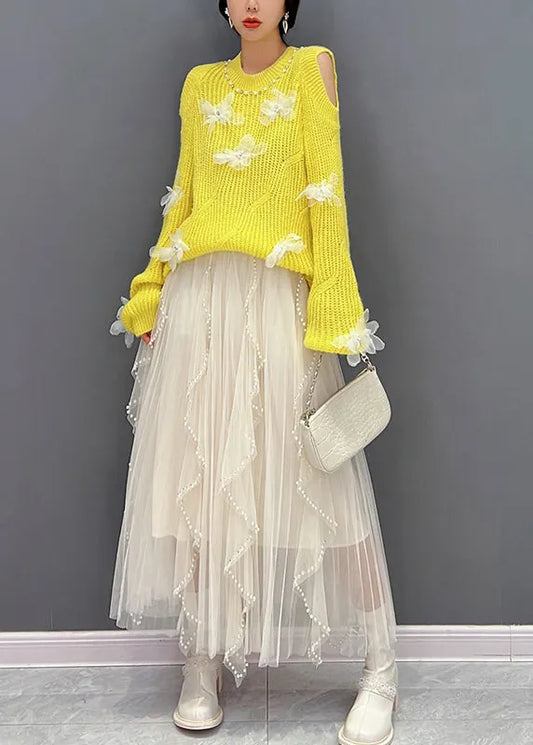 Yellow O-neck Knit Top and Tulle Maxi Skirts Two Pieces Set Fall