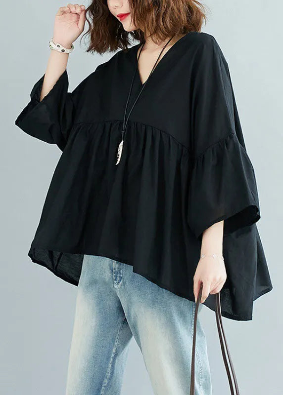 Green V Neck Patchwork Asymmetrical Design Fall Top Three Quarter Sleeve