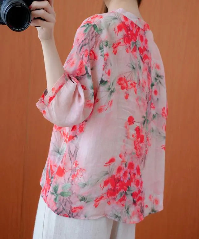 French V Neck Pockets Summer Tunic Pattern Outfits Red Print Shirts